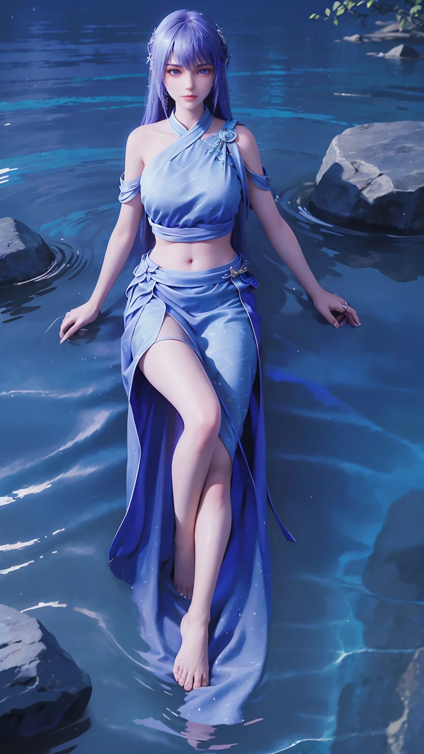 一个穿着连衣裙的女孩躺在Starry Sky下的床上,Exquisite smile,Beautiful and delicate eyes,Beautiful and delicate lips,Extremely detailed face and eyes,Long eyelashes,Full body,Flowing hair,belly button,best quality,excellent work,Super,(Reality:1.4),RAW photos,(Beautiful face:1.2),(Lying on the water:1.5),1 girl,(absurd),(8K), (4K),Octane Rendering,Starry Sky,((Full body view)),barefoot,Cross-legged