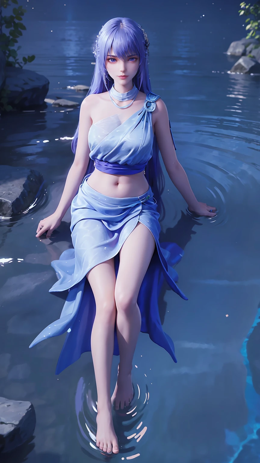一个穿着连衣裙的女孩躺在Starry Sky下的床上，Exquisite smile，Beautiful and delicate eyes，Beautiful and delicate lips，Extremely detailed face and eyes，Long eyelashes，Full body，Flowing hair，belly button，best quality，excellent work，Super，(Reality:1.4)，RAW photos，(Beautiful face:1.2)，(Lying on the water:1.5)，1 girl，(absurd)，(8K)， (4K)，Octane Rendering，Starry Sky，((Full body view))，barefoot，Cross-legged