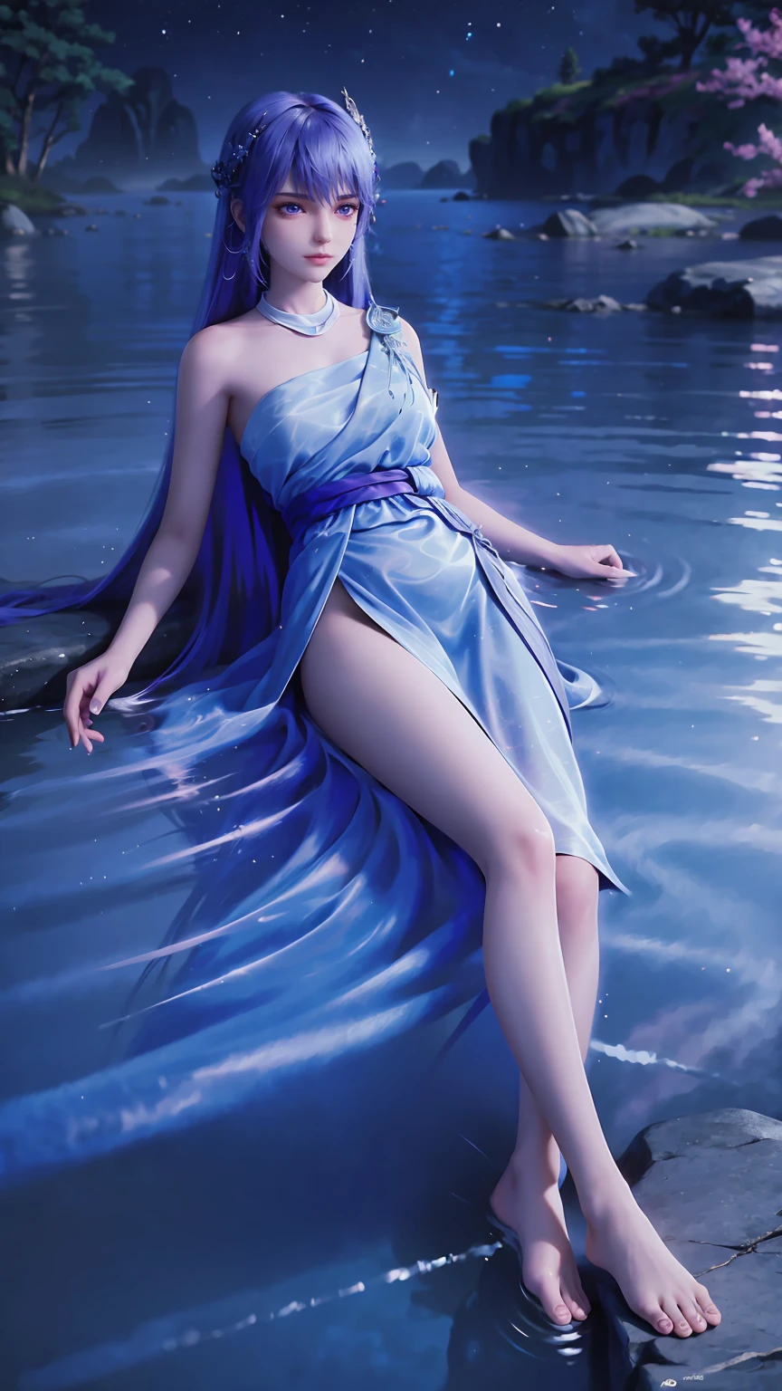 一个穿着连衣裙的女孩躺在Starry Sky下的床上,Exquisite smile,Beautiful and delicate eyes,Beautiful and delicate lips,Extremely detailed face and eyes,Long eyelashes,Full body,Flowing hair,belly button,best quality,excellent work,Super,(Reality:1.4),RAW photos,(Beautiful face:1.2),(Lying on the water:1.5),1 girl,(absurd),(8K), (4K),Octane Rendering,Starry Sky,((Full body view)),barefoot,Cross-legged
