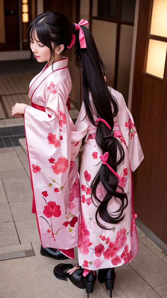 Sakura Wars Jinguji Sakura Full body Front view Long black hair Ponytail Large ribbon Sakura patterned kimono