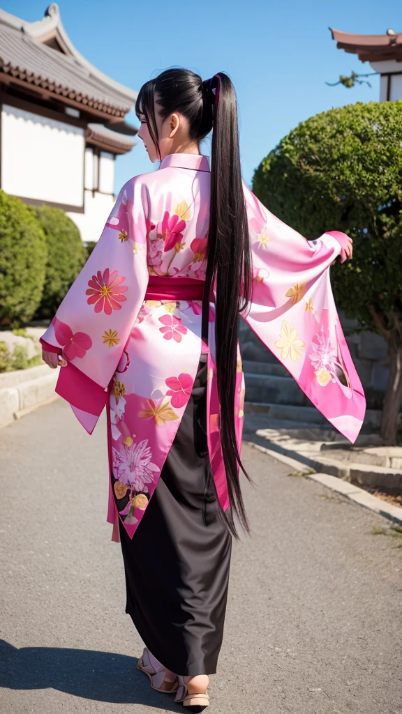 Sakura Wars Jinguji Sakura Full body Front view Long black hair Ponytail Large ribbon Sakura patterned kimono