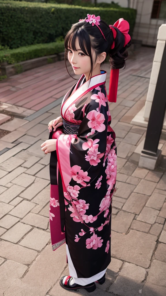 Sakura Wars Jinguji Sakura Full body Front view Long black hair Ponytail Large ribbon Sakura patterned kimono