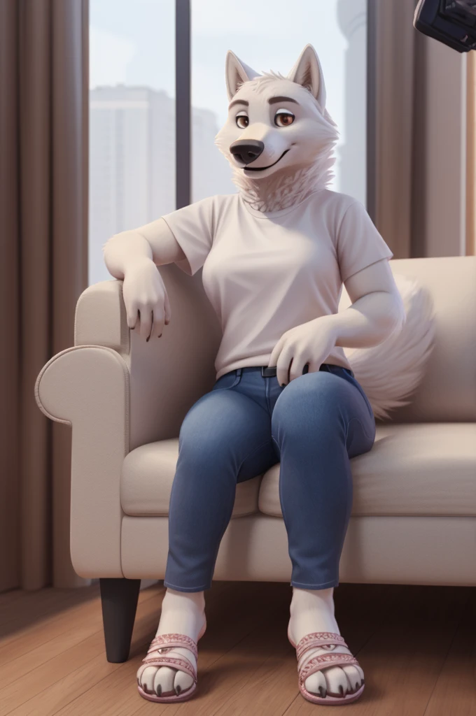 Varvara\(Moscow\), (white body:1.3), white fur, Brown eyes, Moscow, dressed, T-shirt, jeans, pink sandals, dog, wolf, Detailed fur, Woman, breasts, anthro, paw pads, toe claws, treats guests, waves to the viewer, 5 fingers, paws, 4 toes, ring, sits at home
BREAK from nextel, for dating, from xenoforge, (complex, high detail, filming, soft focus, RAW while sitting at home,
Photorealism, realism, photorealism, digital style, Subsurface scattering,
masterpiece, Best quality, ultra realistic, 8k)