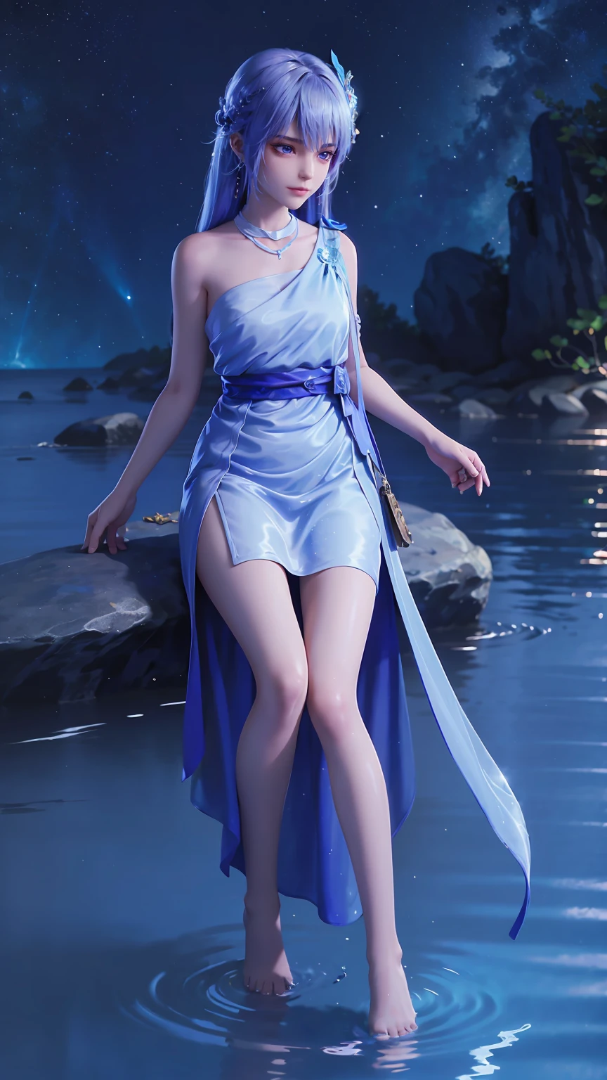 ((Biologically correct number of limbs))、(( Full body image(Including the face)))、4K、masterpiece、((Focus on the face))、((Symmetrical facial features))、The eyes are described in detail、Beautiful woman、Outstanding style、Beautiful arms、Beautiful legs、beautiful hands、(slim)、Facial details、Small earrings、necklace、(white shiny、Shiny dress、barefoot、radiant skin)Smile、(Beautiful legsのアップ)、Sweat,Starry Sky,Starry Sky背景,Deep View,above water