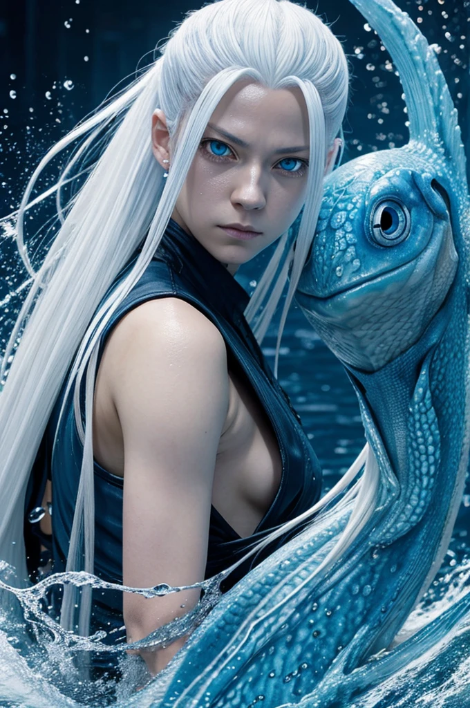 Jujutsu Kaisen long white hair with blue, blue eyes with pupil in the shape of water drops