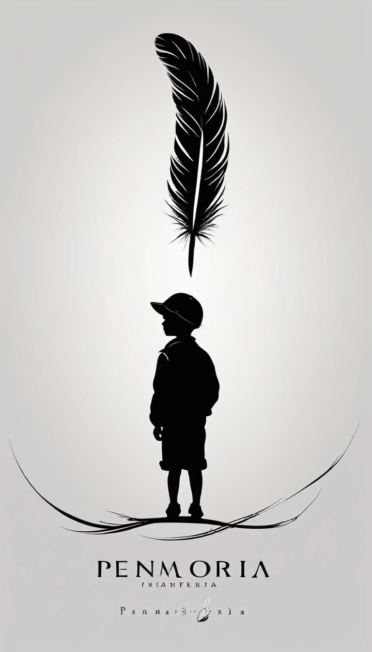 A minimalist, fantastic, poetic, dreamy, captivating, memorable, masterpiece, modern, simple logo design of a boy and a feather for the brand “Penamemoria". The logo must convey a sense of music, stories and dreams. Minimalistic logo design of a boy and a feather.