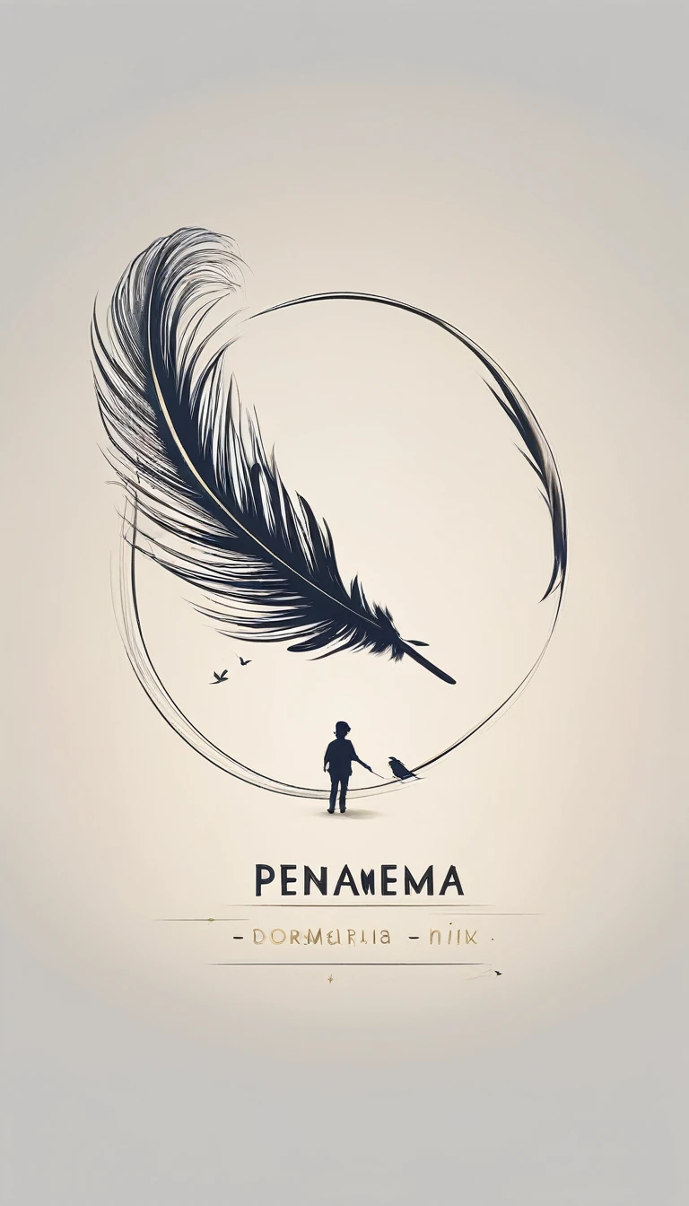 A minimalist, fantastic, poetic, dreamy, captivating, memorable, masterpiece, modern, simple logo design of a boy and a feather for the brand “Penamemoria". The logo must convey a sense of music, stories and dreams. Minimalistic logo design of a boy and a feather.
