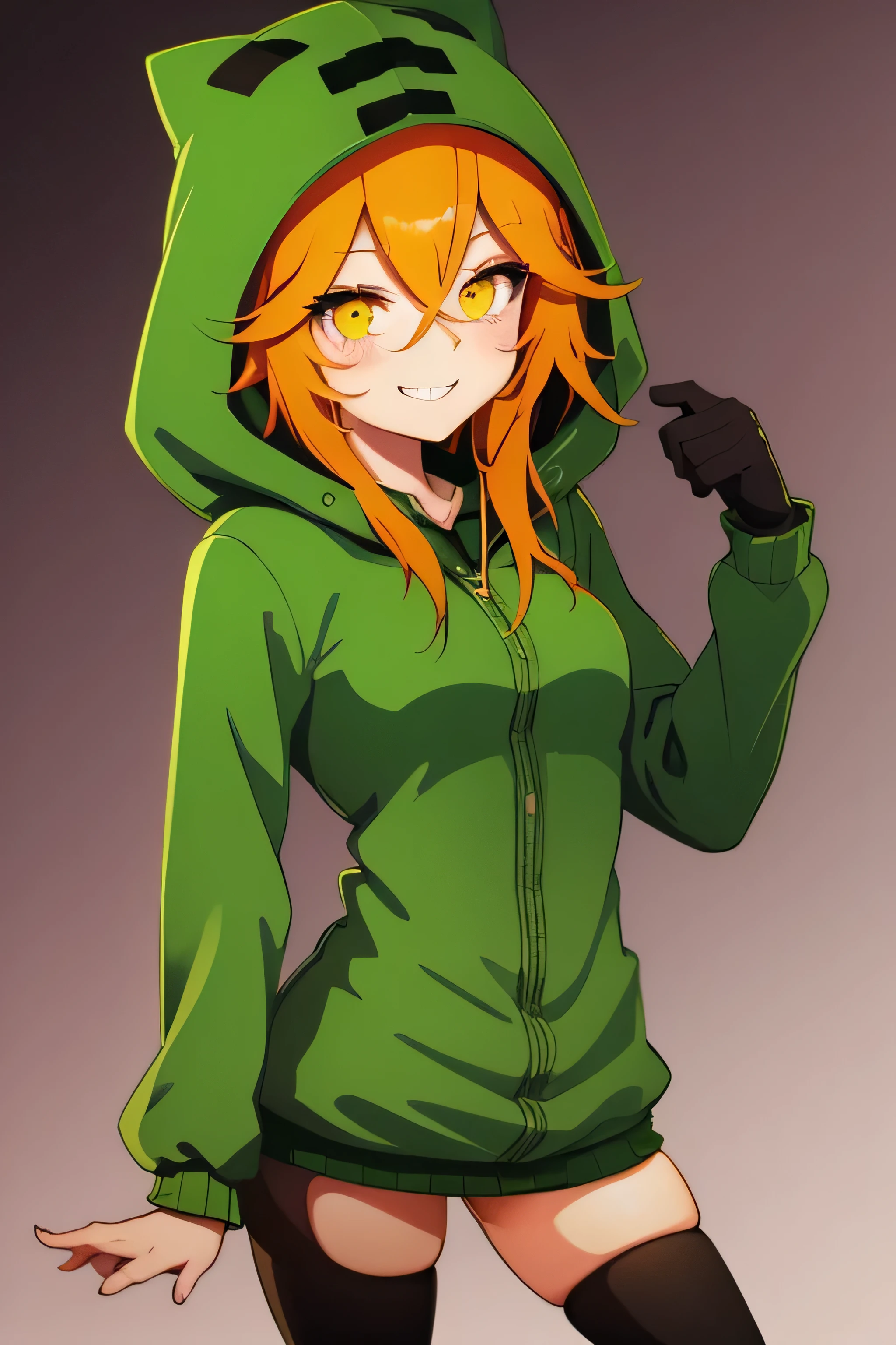 anime girl, creeper girl, orange hair, yellow eyes, blush, cute smile, slim figure, slender legs, long green hoodie, hood, green mini skirt, dark green stockings, black gloves,