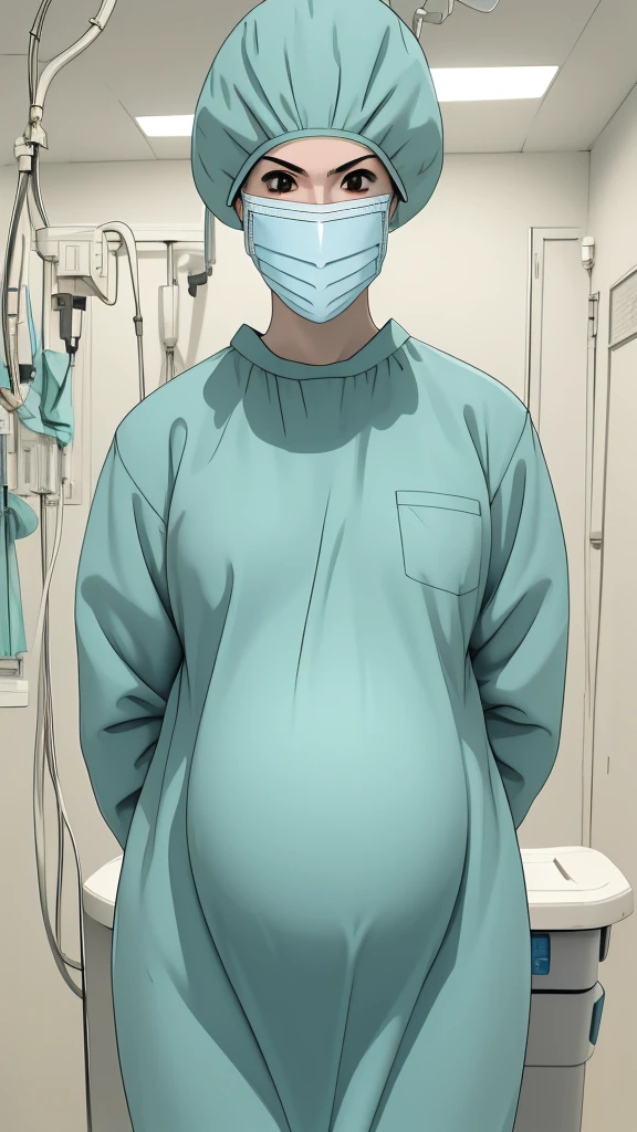 masterpiece, highest quality, (RAW photo, best quality), 1girl, frown, pale skin, shy eyes, big breasts, big tits, pregnant, stand, natural lighting, solo, hospital, in the operating room, 
ray kasugano, pregnant with big belly, (give a score of 9_give a score of 8_give a score of 7) long sleeve Surgical dress, surgical cap, cover ears, surgical mask, long surgical gloves, 