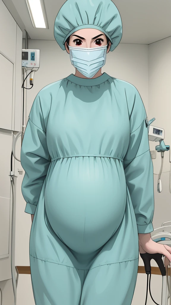 masterpiece, highest quality, (RAW photo, best quality), 1girl, frown, pale skin, shy eyes, big breasts, big tits, pregnant, stand, natural lighting, solo, hospital, in the operating room, 
ray kasugano, pregnant with big belly, (give a score of 9_give a score of 8_give a score of 7) long sleeve Surgical dress, surgical cap, cover ears, surgical mask, long surgical gloves, 