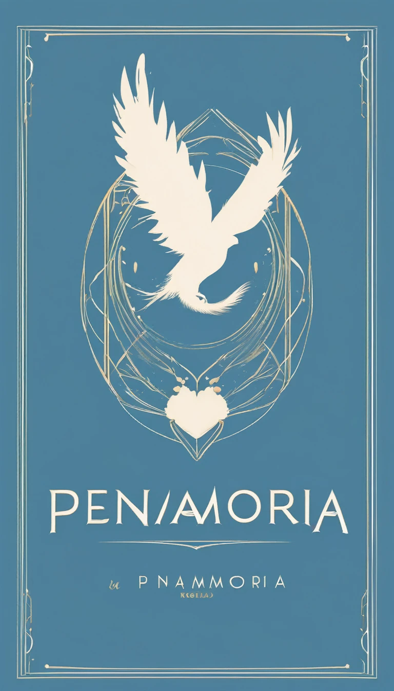 A minimal, modern, simple, cinematic logo design for the brand “Penamemoria". The logo design must be a simple, silhouette of a boy, standing up, playing acoustic guitar and fantasy feather by his side. The logo must convey a sense of music, stories, memories and dreams. Logo design impressed on a book cover. Minimalistic logo. Light blue, white and soft golden as colors for the logo design
