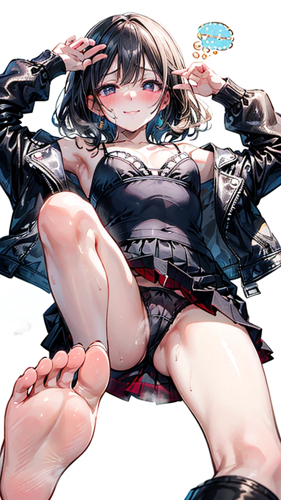 (Best quality, 8k, 32k, Masterpiece, UHD,:1.2),RAW, 1girl,ultra cute , natural lighting,transparent shining eyes, 20yo ,fair complexion, ((leather jacket, mini skirt, camisole)), Closeup shot, wedgie,show off panties, shy smiling, medium hair, (ecstasy:1.3) ,(slut:1.2), (vulgarity:1.3), (fucked silly:1.1),(steam:1.1),(wet:0.8),(trembling:0.8),(tears:0.7) ,(drooling:0.6),(sweat:0.8), embarrassed, blush,, ((White Background)), From Below, spread legs, legs up, lying, panties shot, bare foot