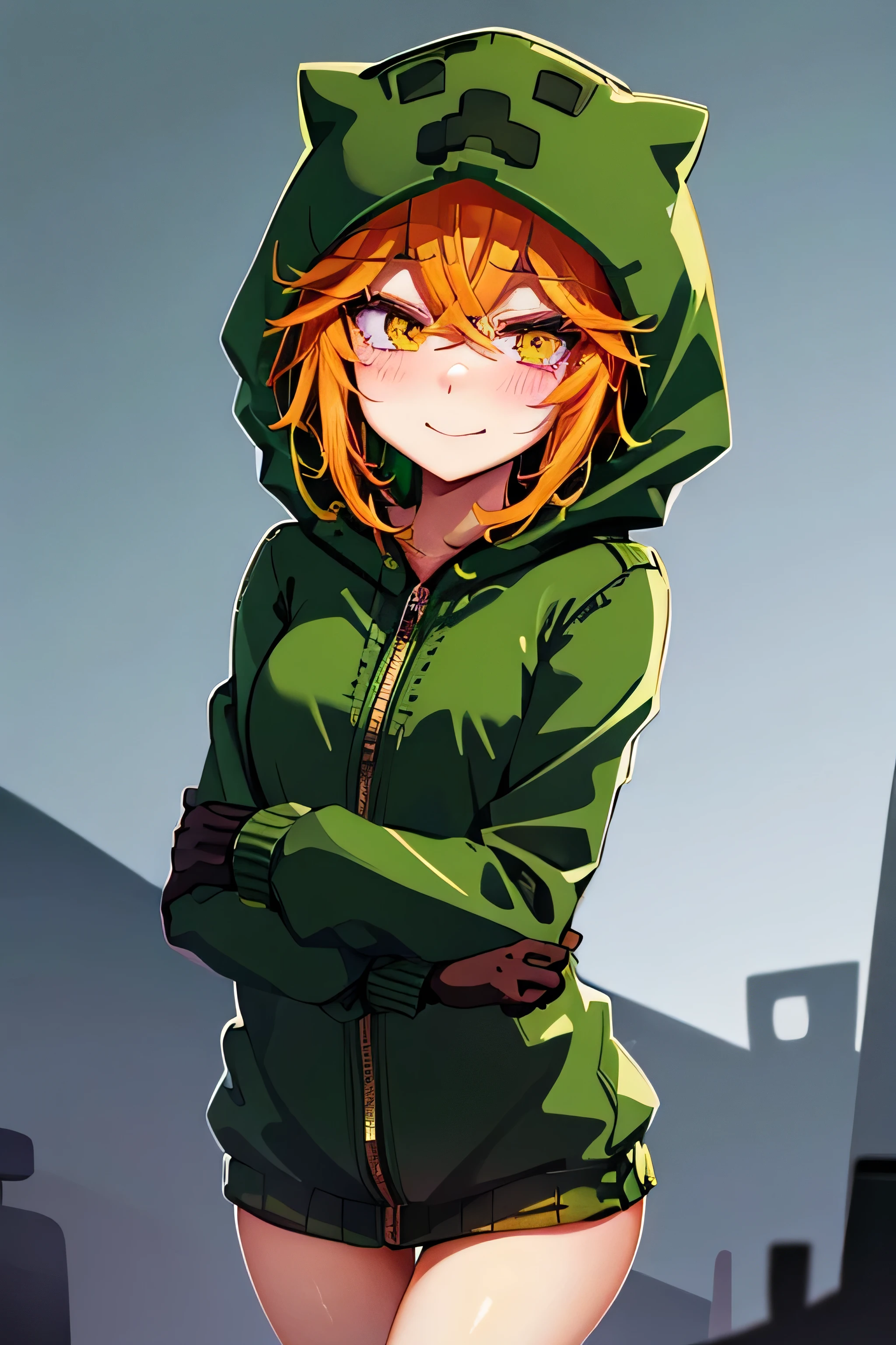 anime girl, creeper girl, orange hair, yellow eyes, blush, cute smile, slim figure, slender legs, long green hoodie, hood, green mini skirt, dark green stockings, black gloves,