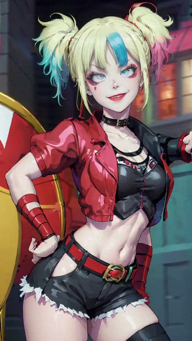 masterpiece, Best quality, A high resolution, 1 girl, hair braided in two short ponytails, very detailed eyes, Fine detail, Correct anatomy 1.1., Harley Quinn from Suicide Squad, open jacket with short sleeves shorts studded belt mesh belt chain gloves bracelet hand on hip, smile, woman, adult girl, real photos、smile, tmasterpiece, (pink kimono), seductive face, Ideal girl, perfect details, Ultra HD |, 8 k, professional photo, anime style,