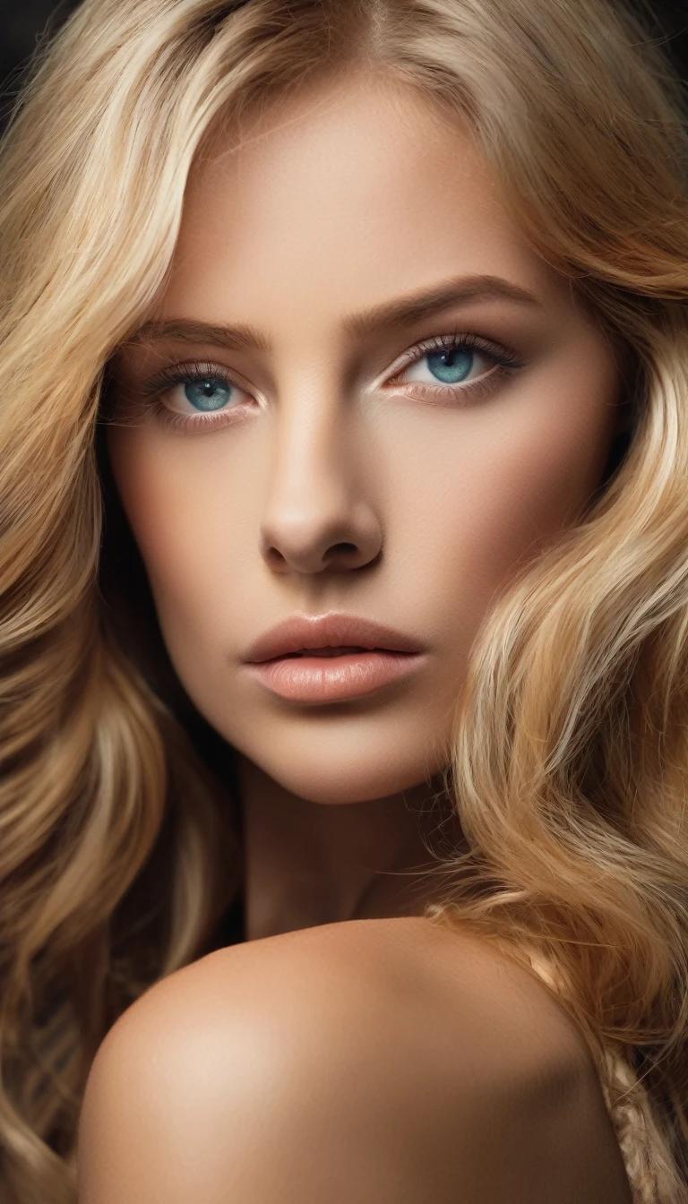 Photographie  d'une belle fille, corp entier, porte rien, se pencher, longs cheveux blonds fluides, Grand buste, locks eyes in the camera, eyeshadow, eyes symmetrical, symmetrical face, ultra-realistic photo, photographie, Path layout, specular lighting, Volumetric facial light, Hair path, Ombres visibles, complexe, elaborate, blank background