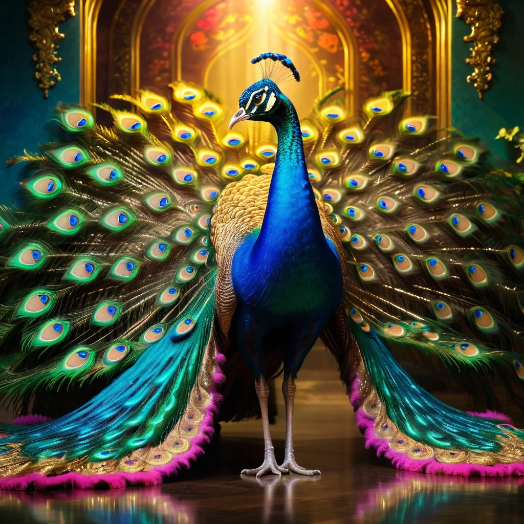 Peacock，Front upright，Peacock开屏，fantasy，Colorful tones，masterpiece，Dramatic ethereal beauty，Panoramic view：1.2，Three light sources，reflected light