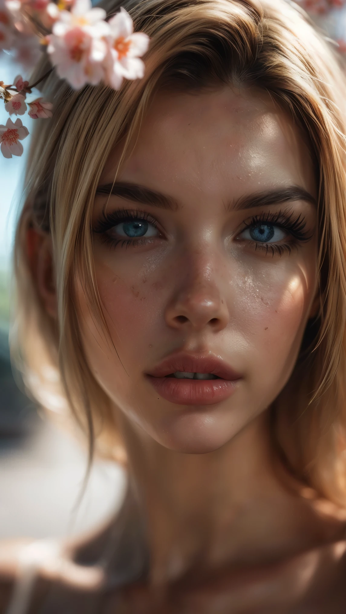 (((ultra-realistic))), (artistic realization), (Ultra-detailed face and eyes: 1.4), 1 girl full length, (blonde) , (naked) , (thick tousled hair), detailed eyes, (large detailed lips) , draw up, (Small natural breasts). (( there are a lot of sakura flowers around,  Close-up, close to the camera)), Gloomy atmosphere of the frame, (ultra detailed)