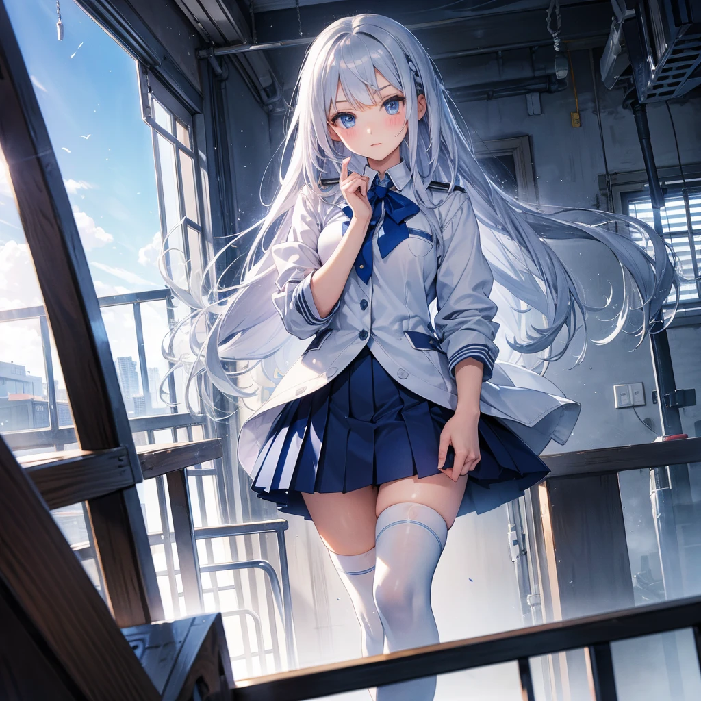 Silver Hair、Blue Eyes、Beautiful high school girl。uniform、Knee socks、