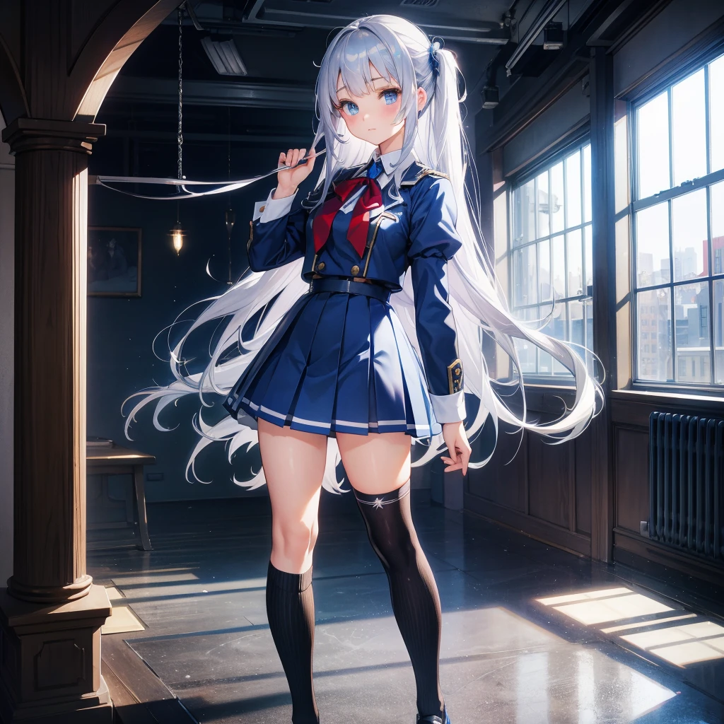 Silver Hair、Blue Eyes、Beautiful high school girl。uniform、Knee socks、　