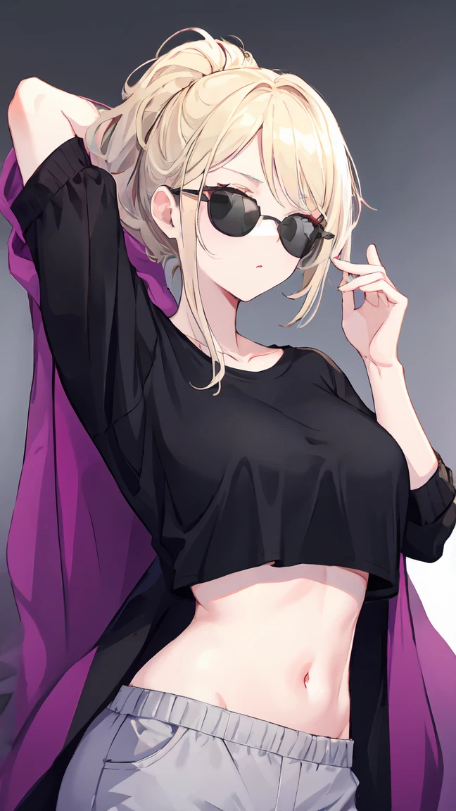 blonde woman, with fashionable black sunglasses, with a long-sleeved shirt, with her navel visible, with gray pants