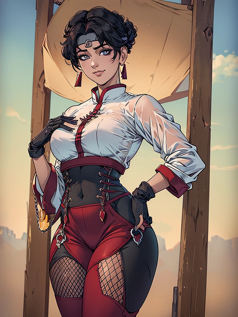 Just one girl,Best quality, 4k, high resolution, body stuck dress, perfect smile, gorgeous, light skin, ahegao face(hentai face) ,black hair,wearing head band, wears bodystuck White qipao shirt with long sleeves and red edges,
Wearing Loose red pants that reach below her knees (whith fishnet holes)(tight at end), wearing black fingerless gloves, wearing bodystuck , clothes are stuck to body, bodyfit outfit,1 girl, solo, seductive look, elegance and charm, (masterpiece, best quality, high resolution), looking at the viewer, standing, (intricate and beautiful:1.2), (detailed light:1.2), (soft light, side light), (high resolution textures) , holding leash in hand(chain leash), outdoor, Burmese girl, wearing gorgeous jewelary, wearing harness over the outfit ,outdoor background, sun light, attractive, sexy, mature and hot, young,(masterpiece:1.3), (disorganized:1.3), (highest quality:1.3), perfect anatomy, detailed face, front view, perfect right hands, looking at viewer, (Super detailed:1.3), (best shadow:0.7), (treated hair), fine eyes, beautiful eyes, young aged woman, alone, standing, crystal earrings,closed_mouth, , outdoors,Thick thighs, arrogant face, small 