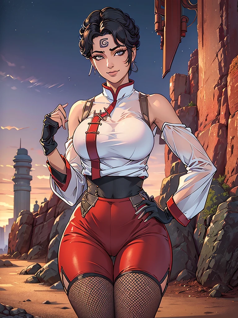 Just one girl,Best quality, 4k, high resolution, body stuck dress, perfect smile, gorgeous, light skin, ahegao face(hentai face) ,black hair,wearing head band, wears bodystuck White qipao shirt with long sleeves and red edges,
Wearing Loose red pants that reach below her knees (whith fishnet holes)(tight at end), wearing black fingerless gloves, wearing bodystuck , clothes are stuck to body, bodyfit outfit,1 girl, solo, seductive look, elegance and charm, (masterpiece, best quality, high resolution), looking at the viewer, standing, (intricate and beautiful:1.2), (detailed light:1.2), (soft light, side light), (high resolution textures) , holding leash in hand(chain leash), outdoor, Burmese girl, wearing gorgeous jewelary, wearing harness over the outfit ,outdoor background, sun light, attractive, sexy, mature and hot, young,(masterpiece:1.3), (disorganized:1.3), (highest quality:1.3), perfect anatomy, detailed face, front view, perfect right hands, looking at viewer, (Super detailed:1.3), (best shadow:0.7), (treated hair), fine eyes, beautiful eyes, young aged woman, alone, standing, crystal earrings,closed_mouth, , outdoors,Thick thighs, arrogant face, small 