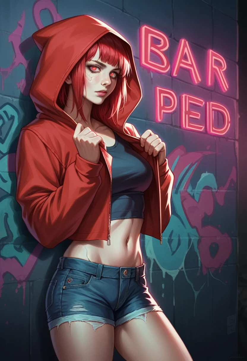 1girl, red hair, red pupils, red hoodie, wearing the hood, jean shorts, dark alley background, japanese graffiti background, red led background, detailed face, high quality, 8k, photorealistic, dramatic lighting, cinematic, neon lights, moody atmosphere, cyberpunk aesthetic, hyper-detailed