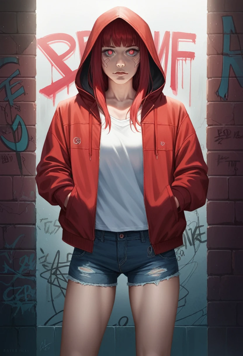 1girl, red hair, red pupils, red hoodie, wearing the hood, jean shorts, dark alley background, japanese graffiti background, red led background, detailed face, high quality, 8k, photorealistic, dramatic lighting, cinematic, neon lights, moody atmosphere, cyberpunk aesthetic, hyper-detailed