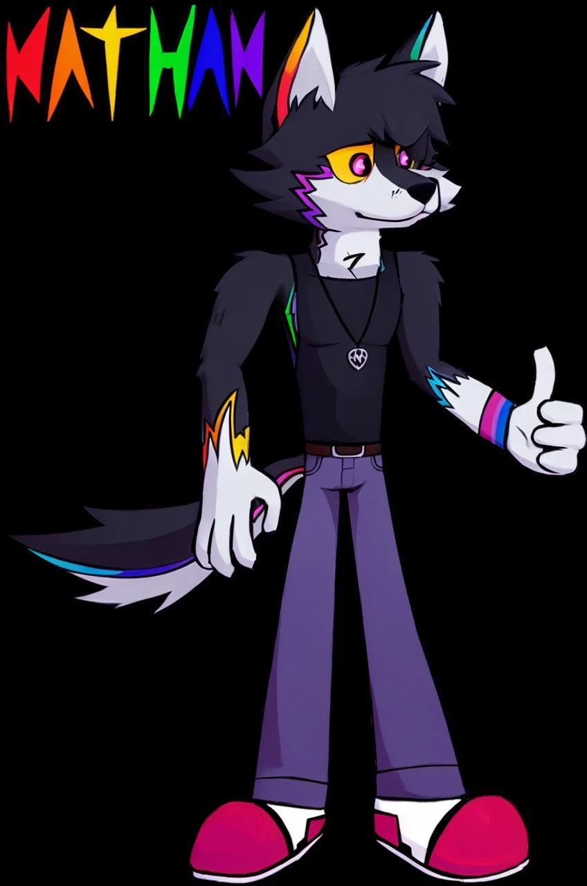A furry anthropomorphic wolf, men, big, tall, fur color black and white with some rainbow details, drawing style