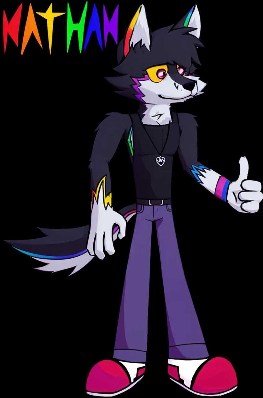 A furry anthropomorphic wolf, men, big, tall, fur color black and white with some rainbow details, drawing style