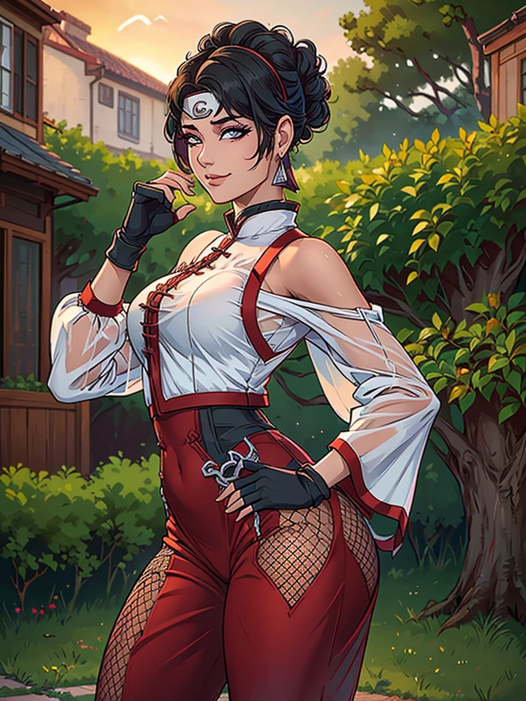 Just one girl,Best quality, 4k, high resolution, body stuck dress, perfect smile, gorgeous, light skin, ahegao face(hentai face) ,black hair,wearing head band, wears bodystuck White qipao shirt with long sleeves and red edges,
Wearing Loose red pants that reach below her knees (whith fishnet holes)(tight at end), wearing black fingerless gloves, wearing bodystuck , clothes are stuck to body, bodyfit outfit,1 girl, solo, seductive look, elegance and charm, (masterpiece, best quality, high resolution), looking at the viewer, standing, (intricate and beautiful:1.2), (detailed light:1.2), (soft light, side light), (high resolution textures) , holding leash in hand(chain leash), outdoor, Burmese girl, wearing gorgeous jewelary, wearing harness over the outfit ,outdoor background, sun light, attractive, sexy, mature and hot, young,(masterpiece:1.3), (disorganized:1.3), (highest quality:1.3), perfect anatomy, detailed face, front view, perfect right hands, looking at viewer, (Super detailed:1.3), (best shadow:0.7), (treated hair), fine eyes, beautiful eyes, young aged woman, alone, standing, crystal earrings,closed_mouth, , outdoors,Thick thighs, arrogant face, small 