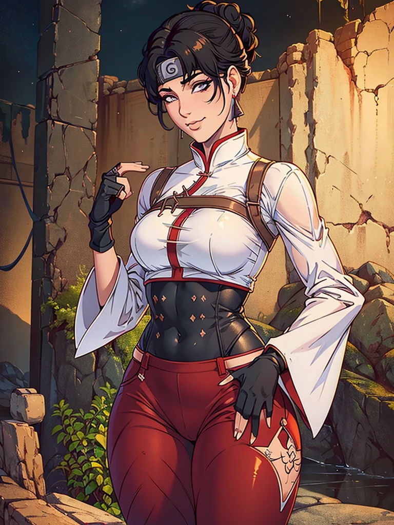 Just one girl,Best quality, 4k, high resolution, body stuck dress, perfect smile, gorgeous, light skin, ahegao face(hentai face) ,black hair,wearing head band, wears bodystuck White qipao shirt with long sleeves and red edges,
Wearing Loose red pants that reach below her knees (whith fishnet holes)(tight at end), wearing black fingerless gloves, wearing bodystuck , clothes are stuck to body, bodyfit outfit,1 girl, solo, seductive look, elegance and charm, (masterpiece, best quality, high resolution), looking at the viewer, standing, (intricate and beautiful:1.2), (detailed light:1.2), (soft light, side light), (high resolution textures) , holding leash in hand(chain leash), outdoor, Burmese girl, wearing gorgeous jewelary, wearing harness over the outfit ,outdoor background, sun light, attractive, sexy, mature and hot, young,(masterpiece:1.3), (disorganized:1.3), (highest quality:1.3), perfect anatomy, detailed face, front view, perfect right hands, looking at viewer, (Super detailed:1.3), (best shadow:0.7), (treated hair), fine eyes, beautiful eyes, young aged woman, alone, standing, crystal earrings,closed_mouth, , outdoors,Thick thighs, arrogant face, small 