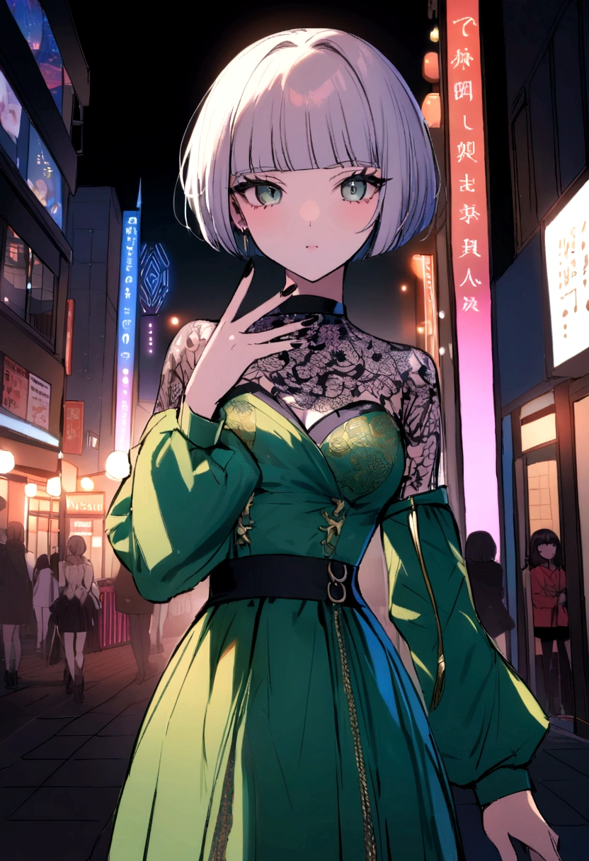 her name is Asako, high quality, 1girl, ((20-year-old fit Caucasian woman)), ((20 years old)), ((slim)), ((Edgy Bowl Cut hair)), pose: standing, wearing edgy Generation-Z modern wear bright colored, BACKGROUND:At the Tsim Sha Tsui Promenade, with stunning views of the Victoria Harbor and the Symphony of Lights show