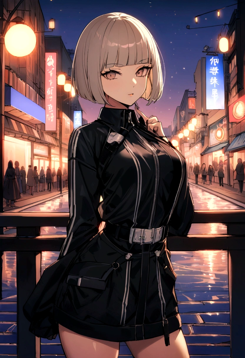 her name is Asako, high quality, 1girl, ((20-year-old fit Caucasian woman)), ((20 years old)), ((slim)), ((Edgy Bowl Cut hair)), pose: standing, wearing edgy Generation-Z modern wear bright colored, BACKGROUND:At the Tsim Sha Tsui Promenade, with stunning views of the Victoria Harbor and the Symphony of Lights show