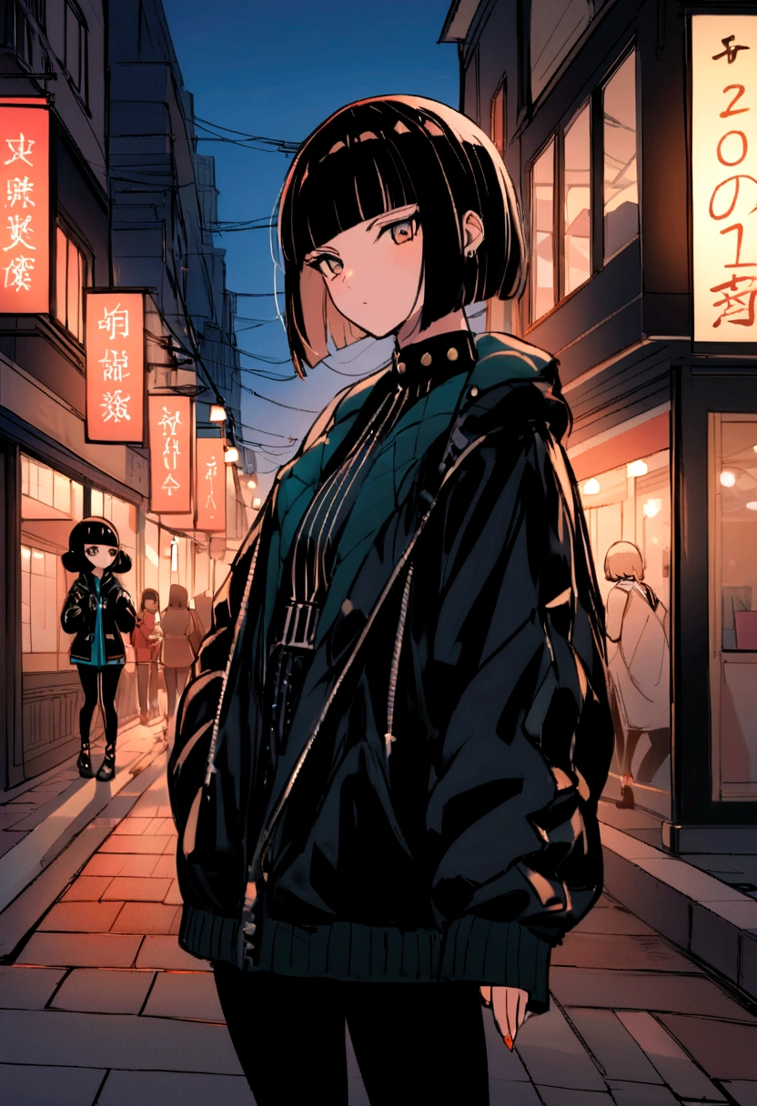 her name is Asako, high quality, 1girl, ((20-year-old fit Caucasian woman)), ((20 years old)), ((slim)), ((Edgy Bowl Cut hair)), pose: standing, wearing edgy Generation-Z modern wear bright colored, BACKGROUND:At the Tsim Sha Tsui Promenade, with stunning views of the Victoria Harbor and the Symphony of Lights show