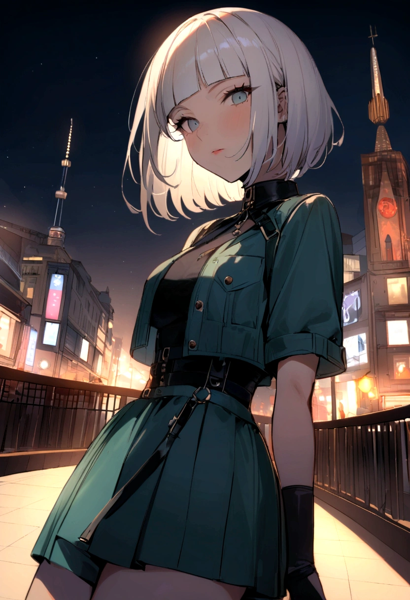 her name is Asako, high quality, 1girl, ((20-year-old fit Caucasian woman)), ((20 years old)), ((slim)), ((Edgy Bowl Cut hair)), pose: standing, wearing edgy Generation-Z modern wear bright colored, BACKGROUND:At the Tsim Sha Tsui Promenade, with stunning views of the Victoria Harbor and the Symphony of Lights show