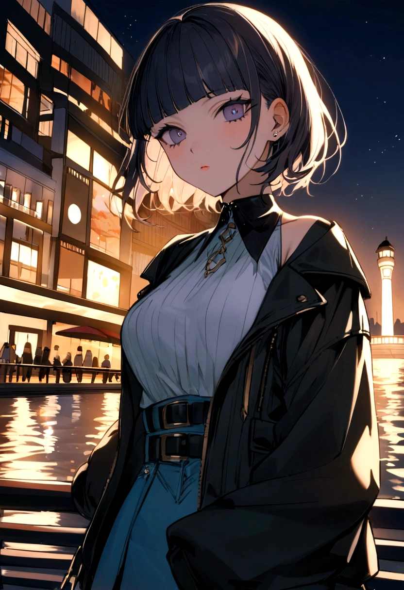 her name is Asako, high quality, 1girl, ((20-year-old fit Caucasian woman)), ((20 years old)), ((slim)), ((Edgy Bowl Cut hair)), pose: standing, wearing edgy Generation-Z modern wear bright colored, BACKGROUND:At the Tsim Sha Tsui Promenade, with stunning views of the Victoria Harbor and the Symphony of Lights show
