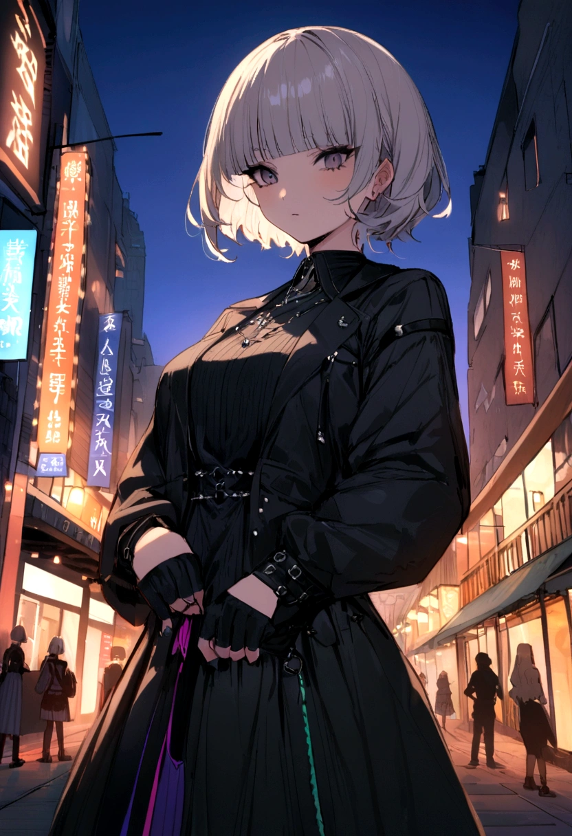 her name is Asako, high quality, 1girl, ((20-year-old fit Caucasian woman)), ((20 years old)), ((slim)), ((Edgy Bowl Cut hair)), pose: standing, wearing edgy Generation-Z modern wear bright colored, BACKGROUND:At the Tsim Sha Tsui Promenade, with stunning views of the Victoria Harbor and the Symphony of Lights show
