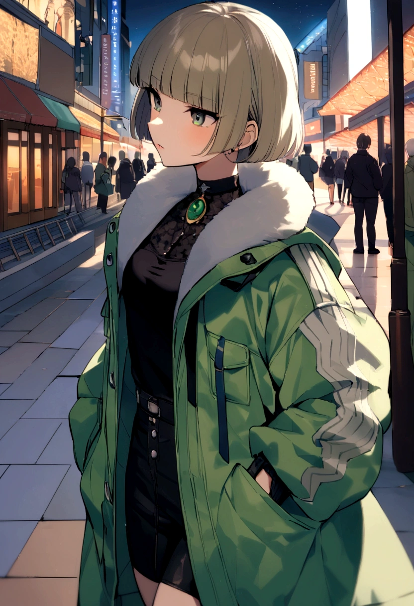 her name is Asako, high quality, 1girl, ((20-year-old fit Caucasian woman)), ((20 years old)), ((slim)), ((Edgy Bowl Cut hair)), pose: standing, wearing edgy Generation-Z modern wear bright colored, BACKGROUND:At the Tsim Sha Tsui Promenade, with stunning views of the Victoria Harbor and the Symphony of Lights show