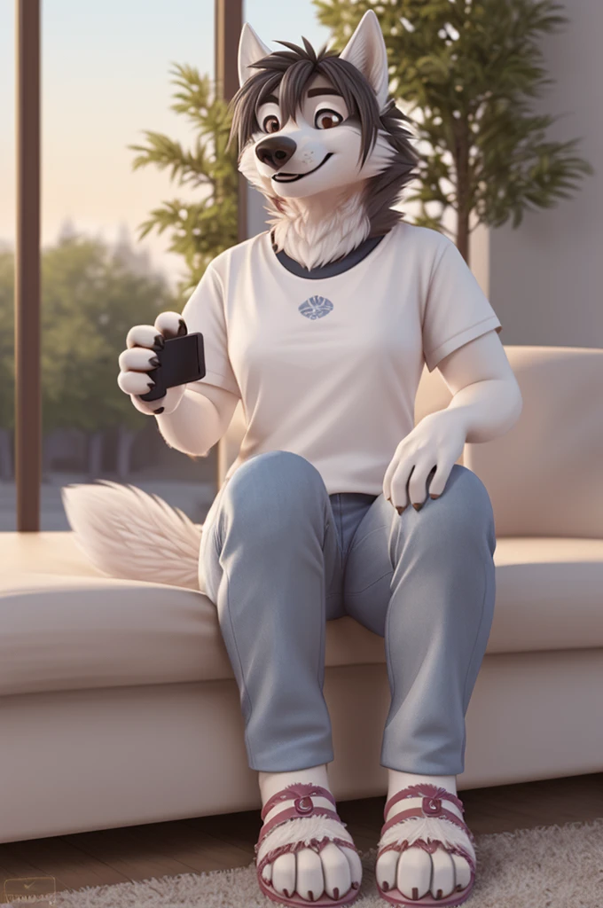 Varvara\(Moscow\), (white body:1.3), white fur, Brown eyes, Moscow, dressed, T-shirt, jeans, pink sandals, dog, wolf, Detailed fur, Woman, breasts, anthro, paw pads, toe claws, treats guests, waves to the viewer, 5 fingers, paws, 4 toes, ring, sits at home
BREAK from nextel, for dating, from xenoforge, (complex, high detail, filming, soft focus, RAW while sitting at home,
Photorealism, realism, photorealism, digital style, Subsurface scattering,
masterpiece, Best quality, ultra realistic, 8k)