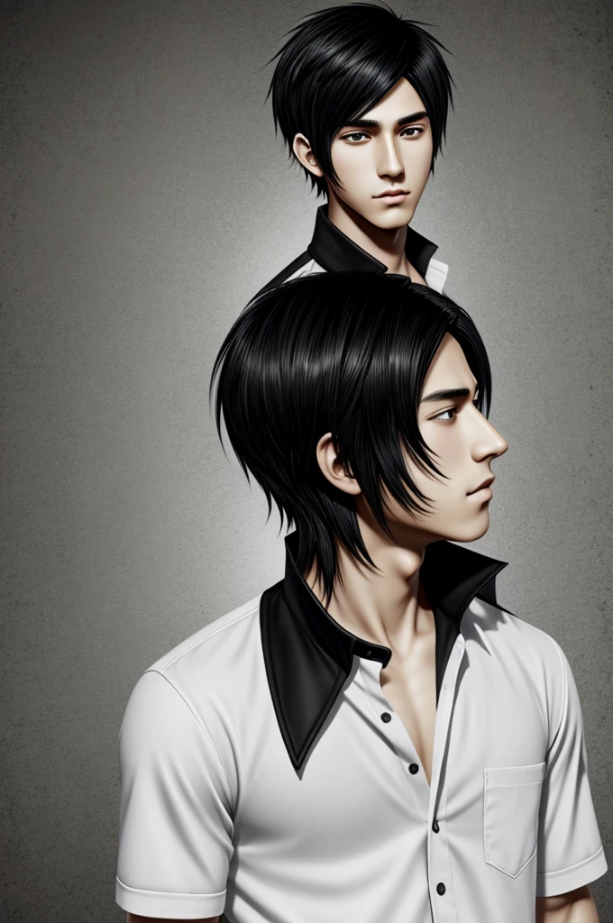 Animae, hes a boy, he has a black medium hair, has pure black eyes, tall, white skin