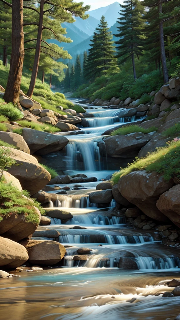 The stream flows down from the high and beautiful mountains.