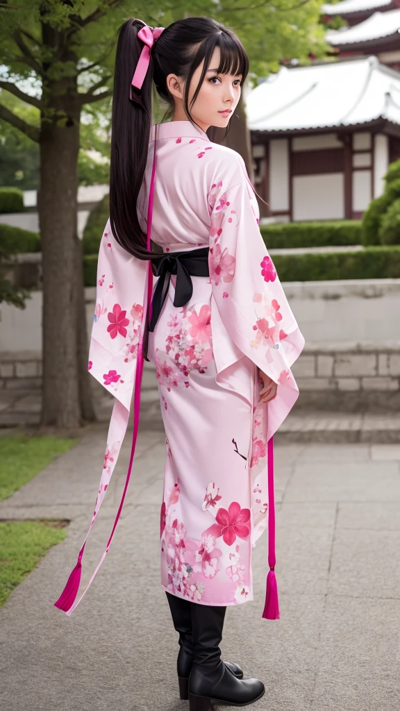 Sakura Wars Jinguji Sakura Full body Front view Long black hair Ponytail Large ribbon Sakura patterned kimono