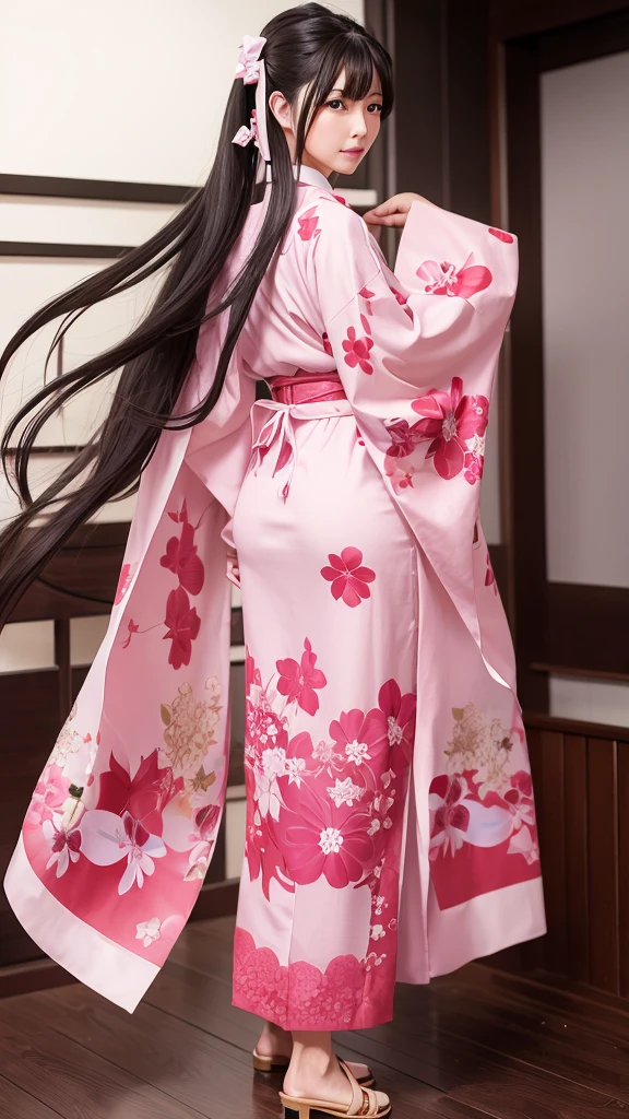 Sakura Wars Jinguji Sakura Full body Front view Long black hair Ponytail Large ribbon Sakura patterned kimono