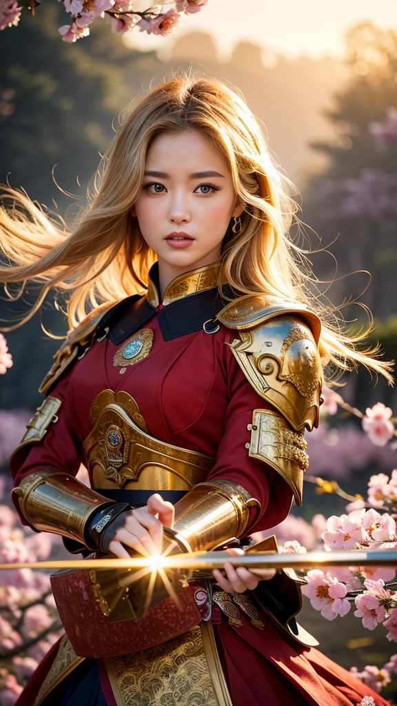 (best quality,4k,8k,highres,masterpiece:1.2), realistic, vivid colors, long blonde hair adorned with many colorful flowers, beautiful detailed eyes, beautiful detailed lips, extremely detailed eyes and face, heavy red armor, samurai girl, strong and confident posture, samurai sword shining in the sunlight, cherry blossom petals floating in the air, vibrant and dynamic background, traditional Japanese art style, strong and dramatic lighting, intense and powerful aura.