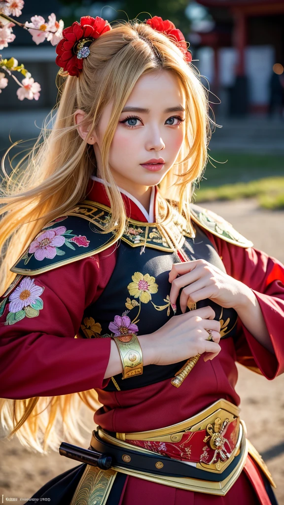 (best quality,4k,8k,highres,masterpiece:1.2), realistic, vivid colors, long blonde hair adorned with many colorful flowers, beautiful detailed eyes, beautiful detailed lips, extremely detailed eyes and face, heavy red armor, samurai girl, strong and confident posture, samurai sword shining in the sunlight, cherry blossom petals floating in the air, vibrant and dynamic background, traditional Japanese art style, strong and dramatic lighting, intense and powerful aura.