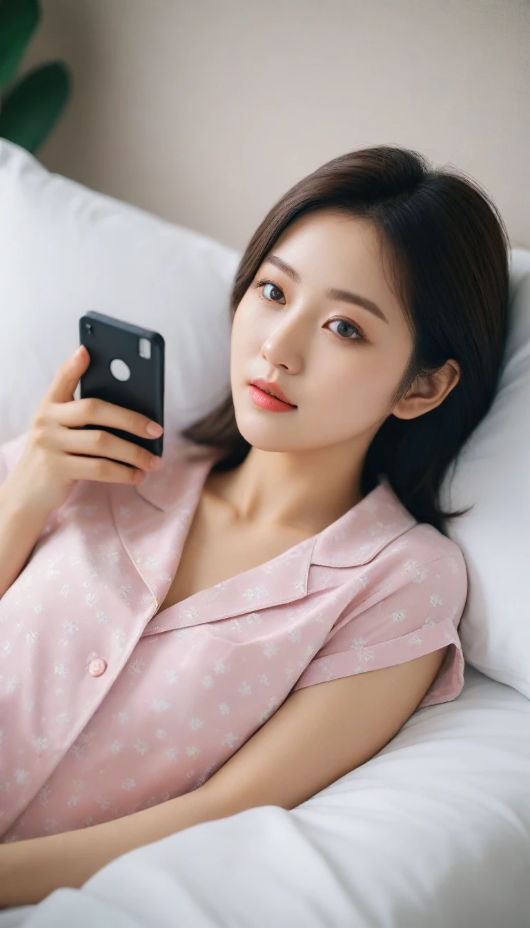 Close up of beautiful Korean woman, 34 inch chest size,Wearing pajamas, Lying in bed and looking at the smartphone, polaroid photo, short hairUH