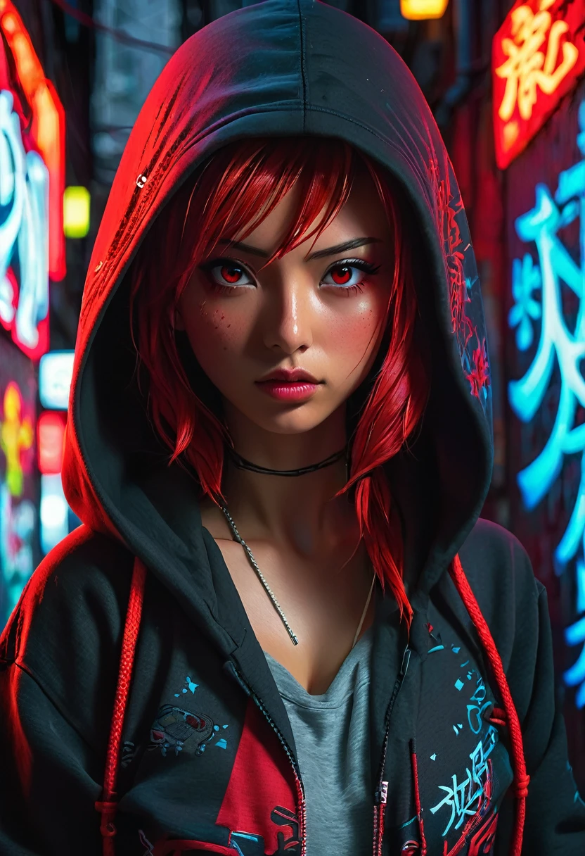 1girl, red hair, red pupils, red bandana on face, red hoodie, wearing the hood, jean shorts, dark alley background, japanese graffiti background, red led background, detailed face, high quality, 8k, photorealistic, dramatic lighting, cinematic, neon lights, moody atmosphere, cyberpunk aesthetic, hyper-detailed