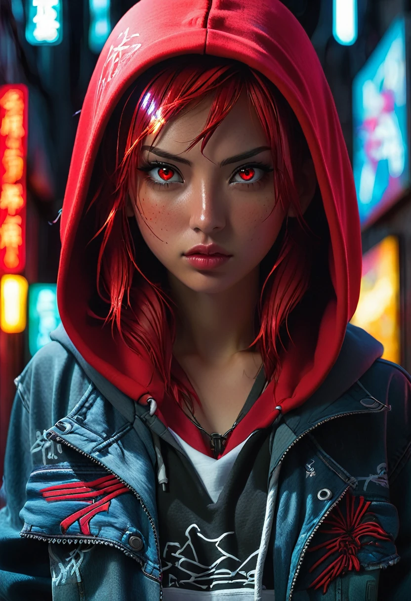 1girl, red hair, red pupils, red bandana on face, red hoodie, wearing the hood, jean shorts, dark alley background, japanese graffiti background, red led background, detailed face, high quality, 8k, photorealistic, dramatic lighting, cinematic, neon lights, moody atmosphere, cyberpunk aesthetic, hyper-detailed