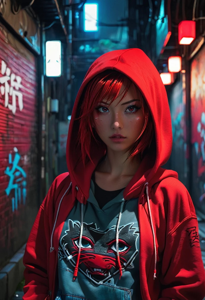 1girl, red hair, red pupils, red bandana on face, red hoodie, wearing the hood, jean shorts, dark alley background, japanese graffiti background, red led background, detailed face, high quality, 8k, photorealistic, dramatic lighting, cinematic, neon lights, moody atmosphere, cyberpunk aesthetic, hyper-detailed